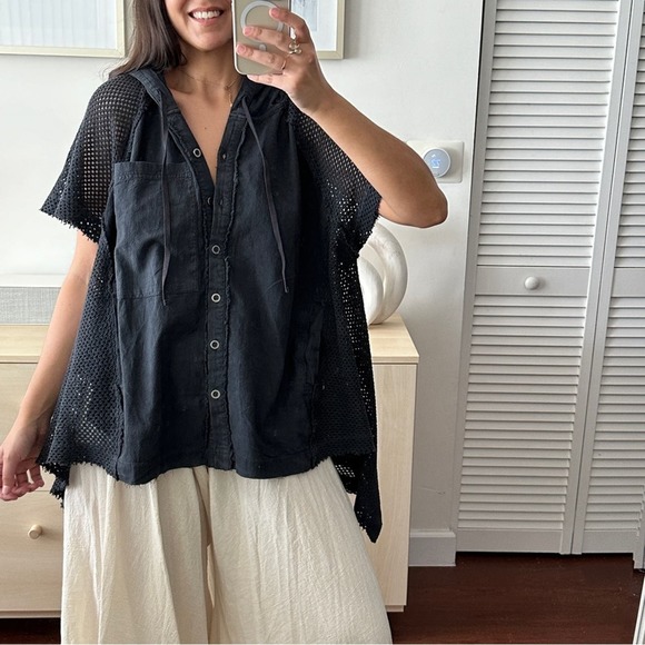 Free People Jackets & Blazers - NEW Free People Tunic Womens Medium 100% Cotton Lagenlook Hooded Mesh Top Blouse